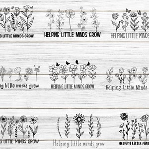 May include: Black and white line art illustrations of flowers and the text "Helping Little Minds Grow" repeated multiple times.