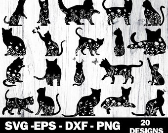 Gato Floral SVG: Clipart de Silhueta de Flores Silvestres (Arquivos Digitais)