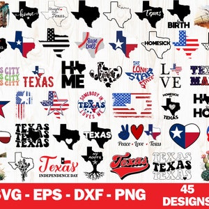 Puede incluir: Una colección de 45 archivos de corte digital con diseños de temática texana. Los diseños incluyen varios estilos, como contornos de estados, estrellas, corazones y texto. Los diseños son perfectos para proyectos de manualidades, como camisetas, tazas y decoración del hogar.