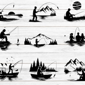 Peut inclure: Une collection de motifs noirs en silhouette représentant des pêcheurs. Les images montrent diverses scènes avec des pêcheurs, des bateaux, des montagnes, des arbres et le soleil. Ces motifs sont adaptés aux amateurs de plein air et de pêche.