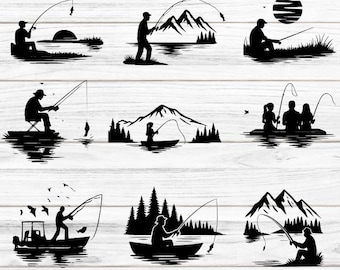 Fishing Scene SVG Bundle: Fisherman Silhouette Clipart (Digital Download)
