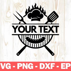 May include: Black and white graphic of a barbecue grill design with a chef's hat, flames, and grilling tools. The text "YOUR TEXT" is displayed above the grill. The design includes a sausage and is set against a wood grain background.