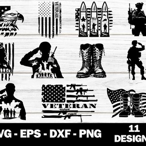 Könnte beinhalten: Ein Set mit 11 Schwarzweiß-Digitaldesigns mit militärischen Motiven. Die Designs beinhalten einen Weißkopfseeadler, eine amerikanische Flagge, einen salutierenden Soldaten, Stiefel, Gewehre und Kugeln. Der Text "Veteran" ist in einigen der Designs enthalten. Die Designs sind in den Formaten SVG, EPS, DXF und PNG verfügbar.