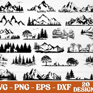 May include: A selection of 20 black and white mountain and forest designs. The designs feature silhouettes of mountains, trees, deer, and other outdoor elements. The bottom of the image displays the text "SVG - PNG - EPS - DXF" and "20 DESIGNS".