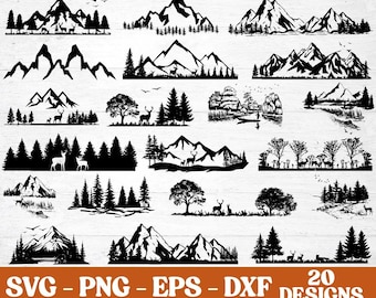 Scena z górskim lasem SVG: Natura, drzewa, pliki wycinane laserowo CNC (pobieranie cyfrowe)
