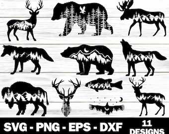 Wildlife Animal Silhouette SVG Bundle: Bear, Wolf, Moose, Digital Download