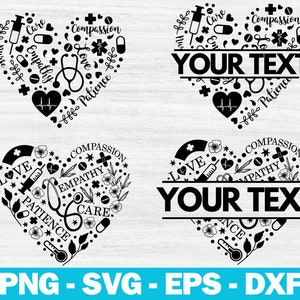 May include: Four black and white heart-shaped designs with medical symbols and text. The text includes "Love", "Care", "Compassion", "Empathy", and "Patience". Two of the designs have the text "Your Text" in the center.