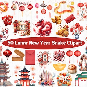Aquarelle des cliparts nouvel an chinois, mignon clipart nouvel an lunaire, lot de cliparts nouvel an lunaire, année du serpent, nouvel an chinois 2025