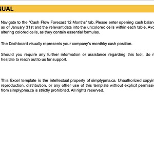 May include: A yellow and white instruction manual with the title "Instruction Manual" and the text "Data Input", "Dashboard Overview", "Questions?" and "Disclaimer". The text describes how to use the "Cash Flow Forecast 12 Months" tab in an Excel spreadsheet.