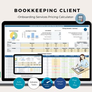 以下が含まれることがあります： ラップトップの画面には、グラフとデータが表示された「Bookkeeping Client」計算機が表示されています。「-Onboarding Services Pricing Calculator-」というテキストが画面の上にあります。「Auto Pricing」、「Editable Tasks」、「Simply PMA」、「Margin Chart」、「Plug & Play」のアイコンが下にあります。