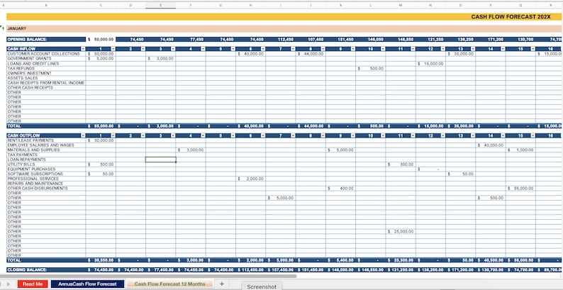 May include: A spreadsheet with a blue and white colour scheme showing a cash flow forecast for 202X. The spreadsheet includes columns for each month of the year and rows for different categories of income and expenses. The spreadsheet shows a starting balance of &pound;74,400.00 and an ending balance of &pound;74,700.00.