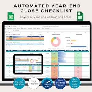 May include: A laptop screen showing a spreadsheet labelled "Automated Year-End Close Checklist." The checklist covers year-end accounting areas, with charts and progress trackers. The image includes the text "Organize workflow," "Track Progress," "Meet deadlines faster," and "Save hours each close."