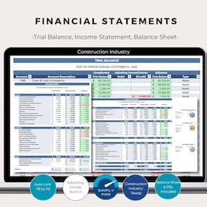 以下が含まれることがあります： ラップトップの画面には、試算表、損益計算書、貸借対照表を含む財務諸表が表示されています。「FINANCIAL STATEMENTS」の文字が上部にあります。このドキュメントは建設業界向けです。自動リンク、組み込みエントリ、P&Lが含まれています。