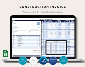 Construction Invoice Template Excel Spreadsheet Project Cost Breakdown Bookkeeping Accounting Tool Digital Download