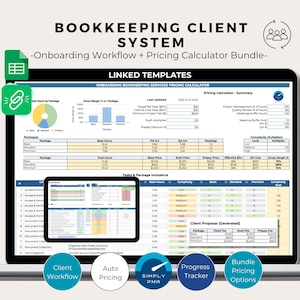 Puede incluir: Una pantalla de portátil muestra un sistema de contabilidad de clientes con plantillas enlazadas. La pantalla muestra gráficos, tablas y el texto "BOOKKEEPING CLIENT SYSTEM". Se ven iconos para el flujo de trabajo del cliente, precios automáticos y opciones de precios de paquetes.