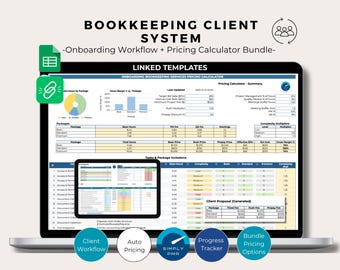 Sistema de contabilidad para clientes, plantillas de Google Sheets, flujo de trabajo de incorporación, calculadora de precios, paquete de herramientas de contabilidad empresarial