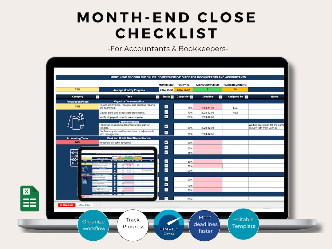 Month-end Closing Checklist Excel Template for Bookkeepers (digital ...