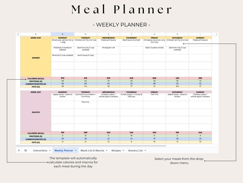 Automated Meal Planner Grocery List and Calorie Tracker Template - Etsy