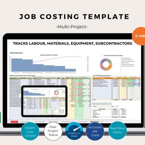 Może przedstawiać: Ekran laptopa wyświetla szablon kalkulacji kosztów pracy zatytułowany "JOB COSTING TEMPLATE -Multi-Project-". Szablon śledzi pracę, materiały, sprzęt i podwykonawców. Obraz zawiera tekst "Instant Cost Control", "Clear Project Status", "Accurate Job Costs" i "Real-Time Clarity".