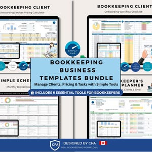 May include: A digital bookkeeping templates bundle displayed on four laptops and tablets. The bundle includes tools for managing clients, pricing, and tasks. The image features the text "BOOKKEEPING BUSINESS TEMPLATES BUNDLE" and "INCLUDES 6 ESSENTIAL TOOLS FOR BOOKKEEPERS."