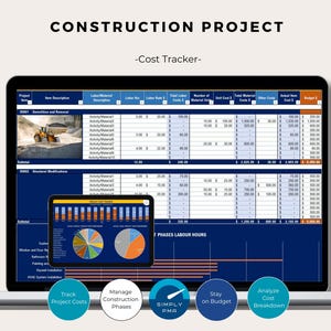 Plantilla digital de Excel para el seguimiento interactivo de costes de proyectos de construcción (panel de control), contabilidad y cálculo de costes de obra (descarga).