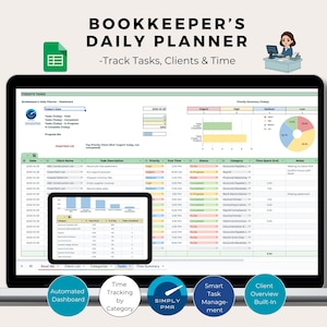 May include: A laptop screen displays a bookkeeper's daily planner with the text "BOOKKEEPER'S DAILY PLANNER - Track Tasks, Clients & Time." The planner includes charts, graphs, and a table with client information, task descriptions, and time tracking. Features include an automated dashboard, time tracking, and client overview.