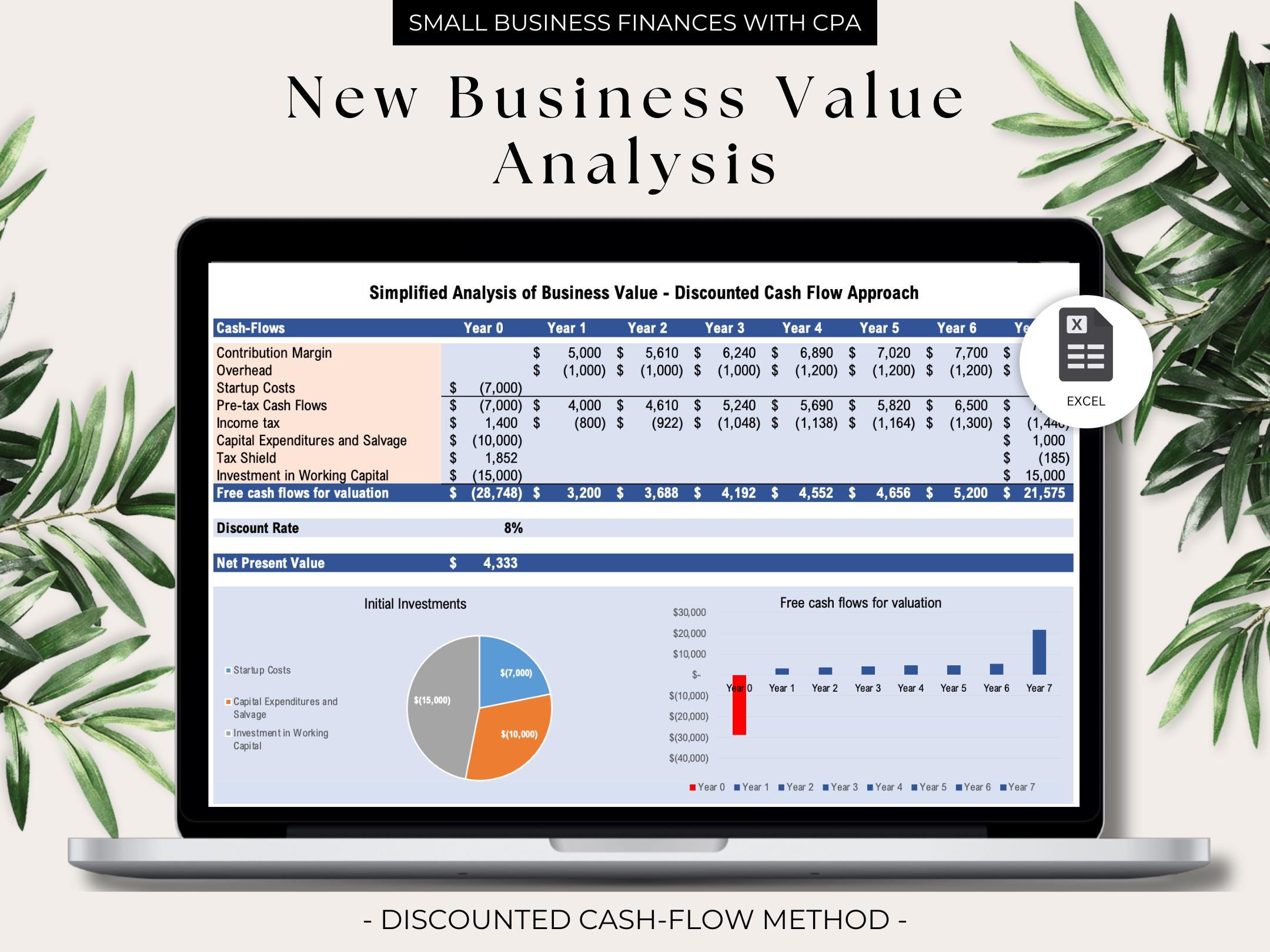 Small Business Valuation Tool: Discounted Cash Flow Analysis (MS Excel Digital Download