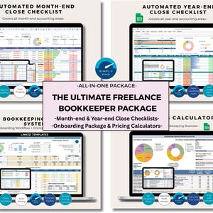 May include: Four laptops displaying bookkeeping software interfaces. The screens show spreadsheets, charts, and graphs. Text on the image includes "Automated Month-End Close Checklist," "Automated Year-End Close Checklist," and "The Ultimate Freelance Bookkeeper Package."