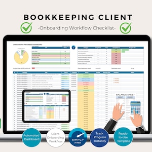 May include: A laptop screen shows a bookkeeping client onboarding workflow checklist. The screen displays a dashboard, a smaller tablet screen, and a balance sheet. The image includes the text "BOOKKEEPING CLIENT - Onboarding Workflow Checklist-".