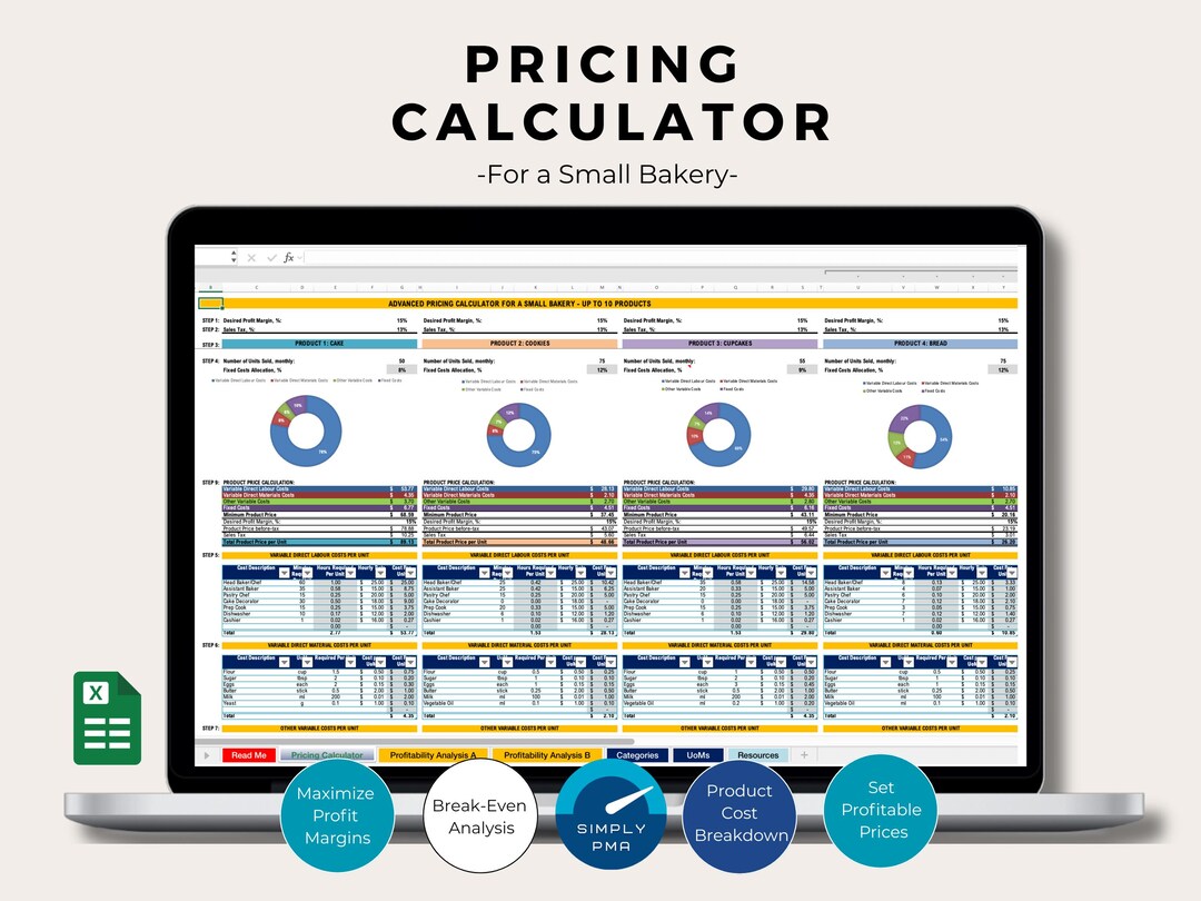 Bakery Pricing Calculator Excel Dashboard Template Break Even ...