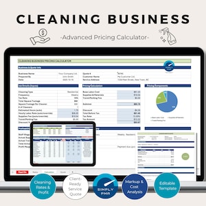 Puede incluir: Una pantalla de portátil muestra una calculadora de precios para empresas de limpieza. La pantalla muestra una hoja de cálculo con varios campos para calcular los costes de los servicios de limpieza. El texto "CLEANING BUSINESS" está en la parte superior, junto con iconos y botones circulares.