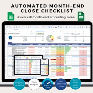 以下が含まれることがあります： ラップトップの画面には、自動化された月末締めチェックリストが表示されています。画面には、データ、グラフ、進捗バーが表示されたスプレッドシートが表示されます。テキストには「ワークフローの整理」、「進捗状況の追跡」、「より速い締め切り」、「各締め切り時間の節約」が含まれています。