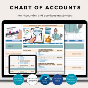 Pode incluir: Um ecrã de computador portátil exibe um modelo de "Plano de Contas" para serviços de contabilidade e contabilidade. O ecrã mostra um balanço, um tablet e ícones para organizar contas e simplificar a configuração.