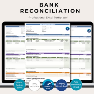 Könnte beinhalten: Ein Laptop-Bildschirm zeigt eine Bankabstimmungs-Vorlage. Der Titel "BANK RECONCILIATION" steht oben. Die Vorlage enthält Abschnitte für den Kontoauszugssaldo und Anpassungen. Symbole für "Match Bank to Books", "Verify Accuracy", "Simplify Month-End" und "Auto Difference Check" befinden sich unten.