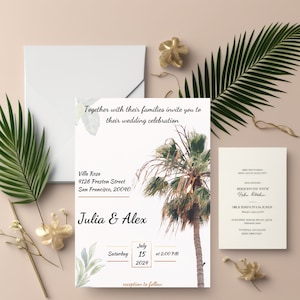 Tropical Wedding Invitation Template, Destination Beach Wedding invitation, Summer Wedding Invite Template, Palm Tree Wedding Invitation