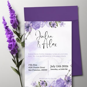 Paarse bloemen bruiloft uitnodiging, Lila bruiloft uitnodiging sjabloon, aquarel seringen bruiloft uitnodigen, paarse bloemen bruiloft nodigt