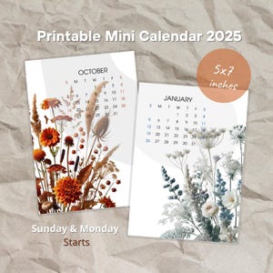 Monthly desk calendar 2025, 12 month printable desk calendar, 3x4 monthly desk calendar, start on Monday and Sunday