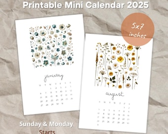 Flowers Monthly desk calendar 2025, 12 month printable desk calendar, 3x4 monthly desk calendar, start on Monday and Sunday