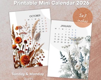 Monthly desk calendar 2026, 12 month printable desk calendar, 3x4 monthly desk calendar, start on Monday and Sunday