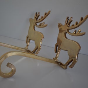 Set of 2 Vintage Brass Deer Reindeer Stocking Holder Long Arm Heavy Christmas