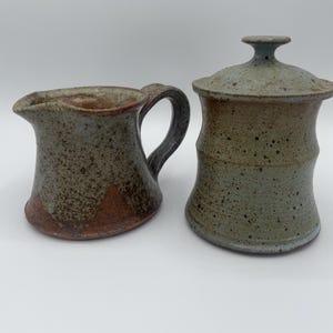 Vintage Handmade Pottery Cream and Sugar Set, Signed, Green/Blue color