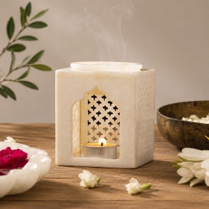 White Marble Aroma Oil Burner, Essential Oil Diffuser & Wax Melt Warmer with Tealight Candle Holder for Home, Spa, Meditation Decor