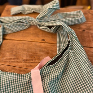 Handmade green gingham bow tie tote bag