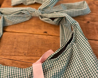 Handmade green gingham bow tie tote bag