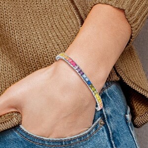 Sterling Silver CZ 4mm Channel-Set Colorful Rainbow Adjustable Bracelet Sterling Silver CZ 4mm Channel-Set Colorful Rainbow Adjustable Bracelet