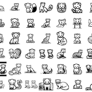 Puede incluir: Un conjunto de 48 ilustraciones en blanco y negro de comadrejas en varias poses. Las comadrejas se representan en un estilo de dibujos animados con líneas y detalles simples.