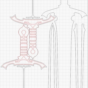 May include: A black and white line drawing of a sword design. The design is for a sword with a long, pointed blade and a decorative hilt. The design is divided into sections, with the blade, hilt, and guard all being separate pieces.