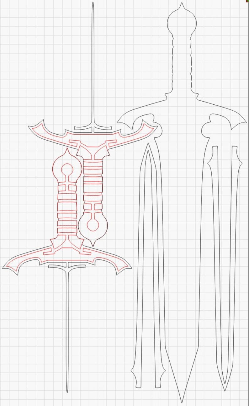 May include: A black and white line drawing of a sword design. The design is for a sword with a long, pointed blade and a decorative hilt. The design is divided into sections, with the blade, hilt, and guard all being separate pieces.