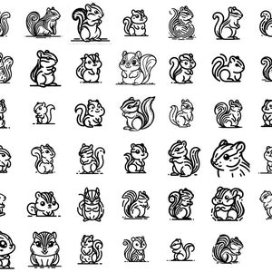 May include: A set of 40 black and white line drawings of squirrels in various poses. The squirrels are depicted in a cartoon style with simple lines and details.