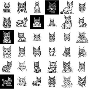 Puede incluir: Una colección de 48 ilustraciones de línea de lince en blanco y negro. Los linces se representan en varias poses, incluyendo sentados, de pie y caminando. Algunos linces miran directamente al espectador, mientras que otros miran hacia otro lado. Las ilustraciones son todas en un estilo simple y minimalista.